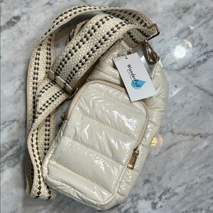 Wander Full Cream Quilted Crossbody with Woven Beige-Trim Strap